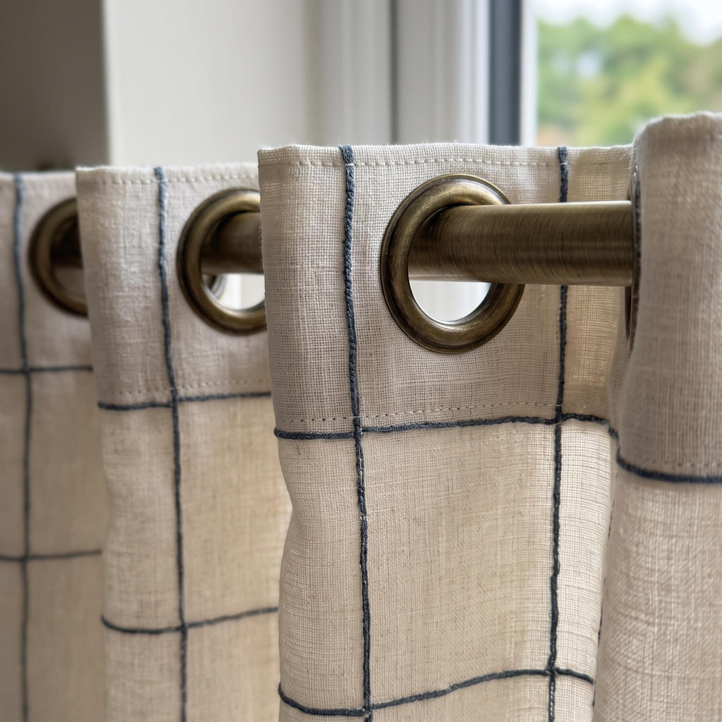 Modern Blue Grid Linen Curtains, Minimalist Custom Drapes, White Geometric Windowpane Check Curtain Panel, Coastal & Farmhouse Window Decor
