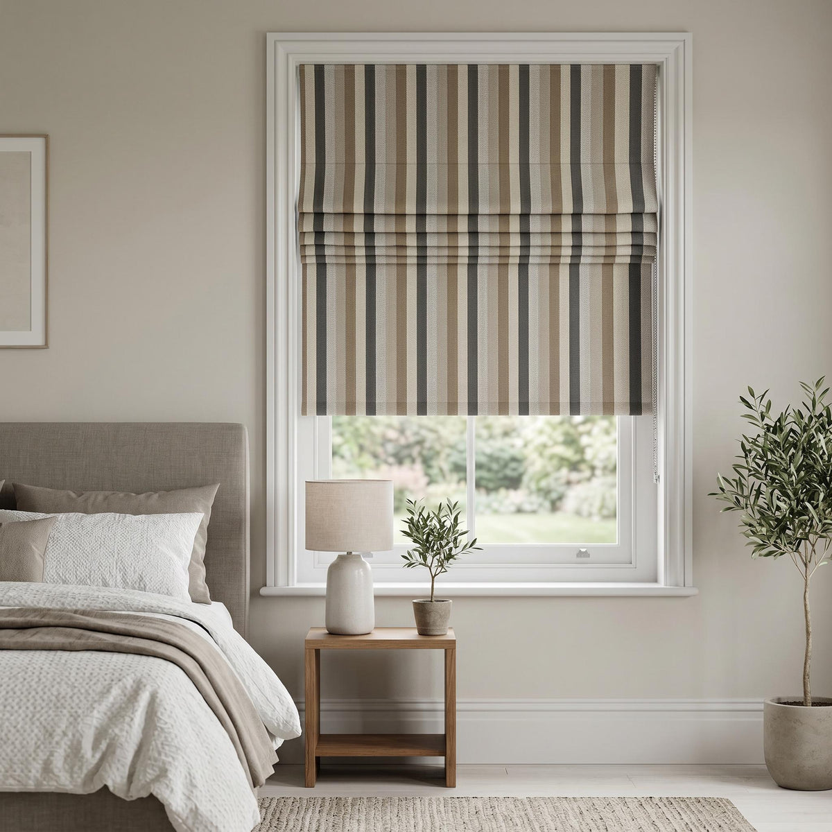 Custom Striped Roman Shade, Neutral Beige and Grey Printed Window Blind, Made to Measure up to 50" Wide