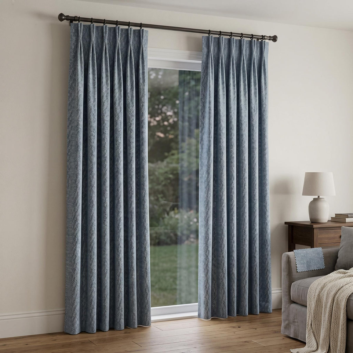 Blue Herringbone Cotton Linen Curtains, Custom Textured Drapes, Grommet Window Panels for Bedroom Living Room