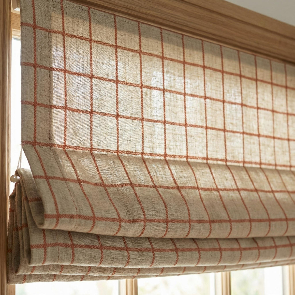 Rust Plaid Roman Shade – Beige Linen Look Windowpane Roman Blind – Farmhouse Custom Roman Curtain – Neutral Check Window Treatment