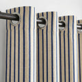 Natural beige linen-look curtains with vertical navy stripes.