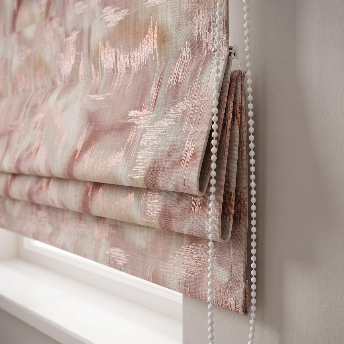 Muted Blush Pink Watercolor Flame Stitch Roman Blind, Cotton Blend Window Covering, Rose Gold