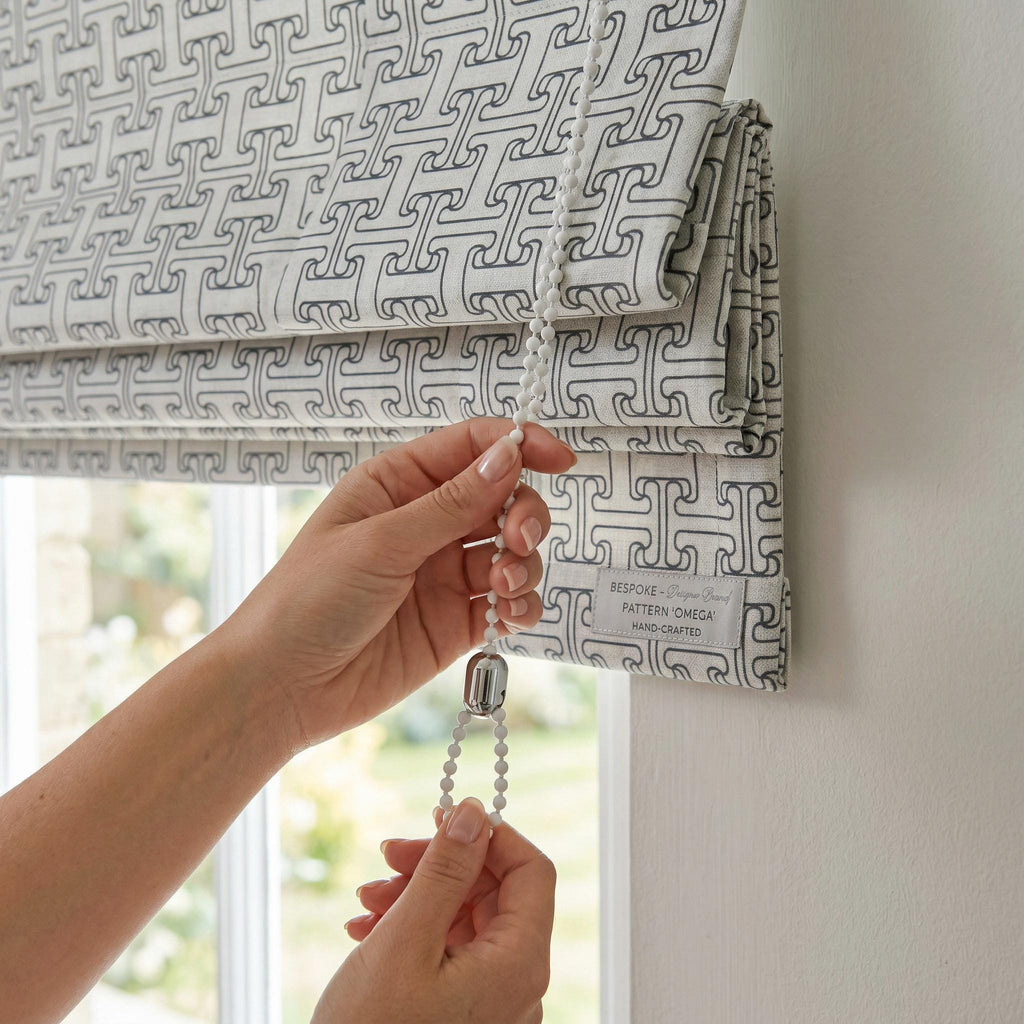Geometric Roman Shade | Neutral Beige Custom Window Blinds | Modern Soft Fold Design