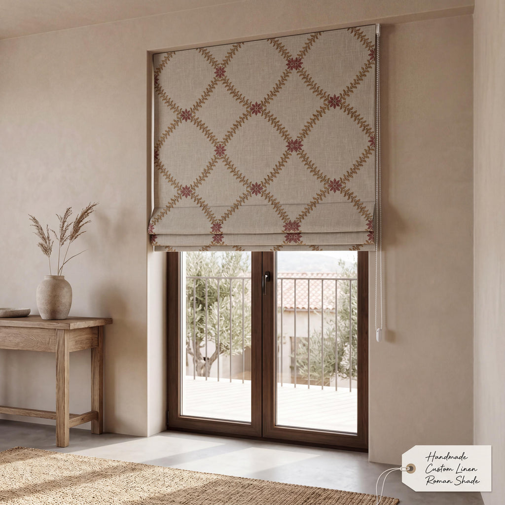 Beige Embroidered Roman Shade, Floral Vine Roman Blind, Custom Linen Look Window Shade, Farmhouse Privacy Window Covering