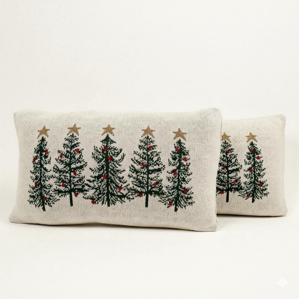 Festive Knit Cushion Cover | Cotton Lumbar Pillow | Winter Tree & Stocking Designs | Handmade Knitted Cover