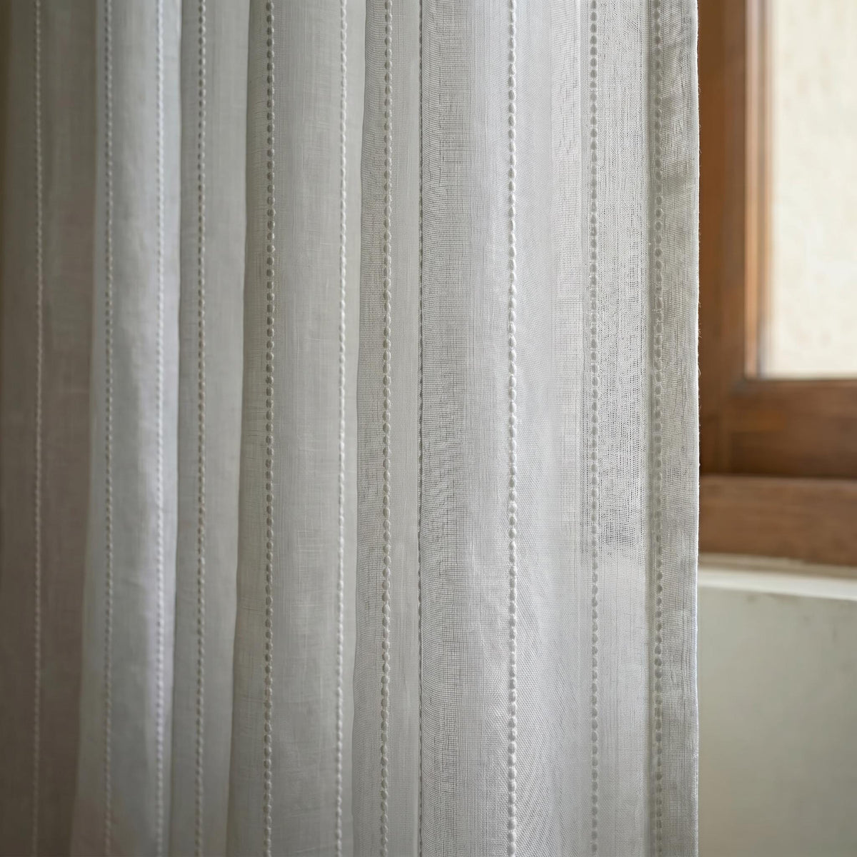White Raised Dot Curtains, Embroidered Stripe Drapes, Custom Linen Look Curtain, Farmhouse Cottage Window Treatment