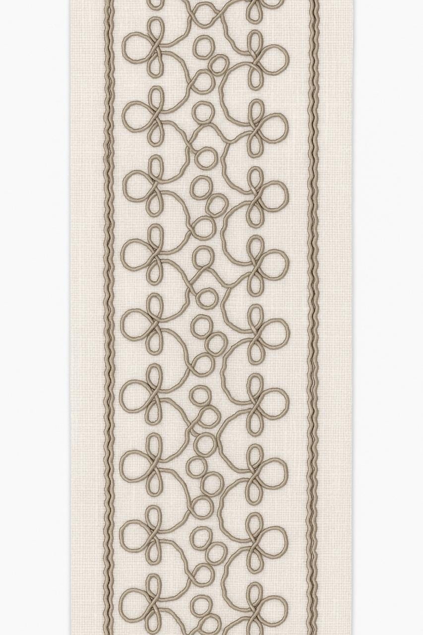 Embroidered Swirl Loop Trim: Ivory Beige & Taupe Brown Fabric Border