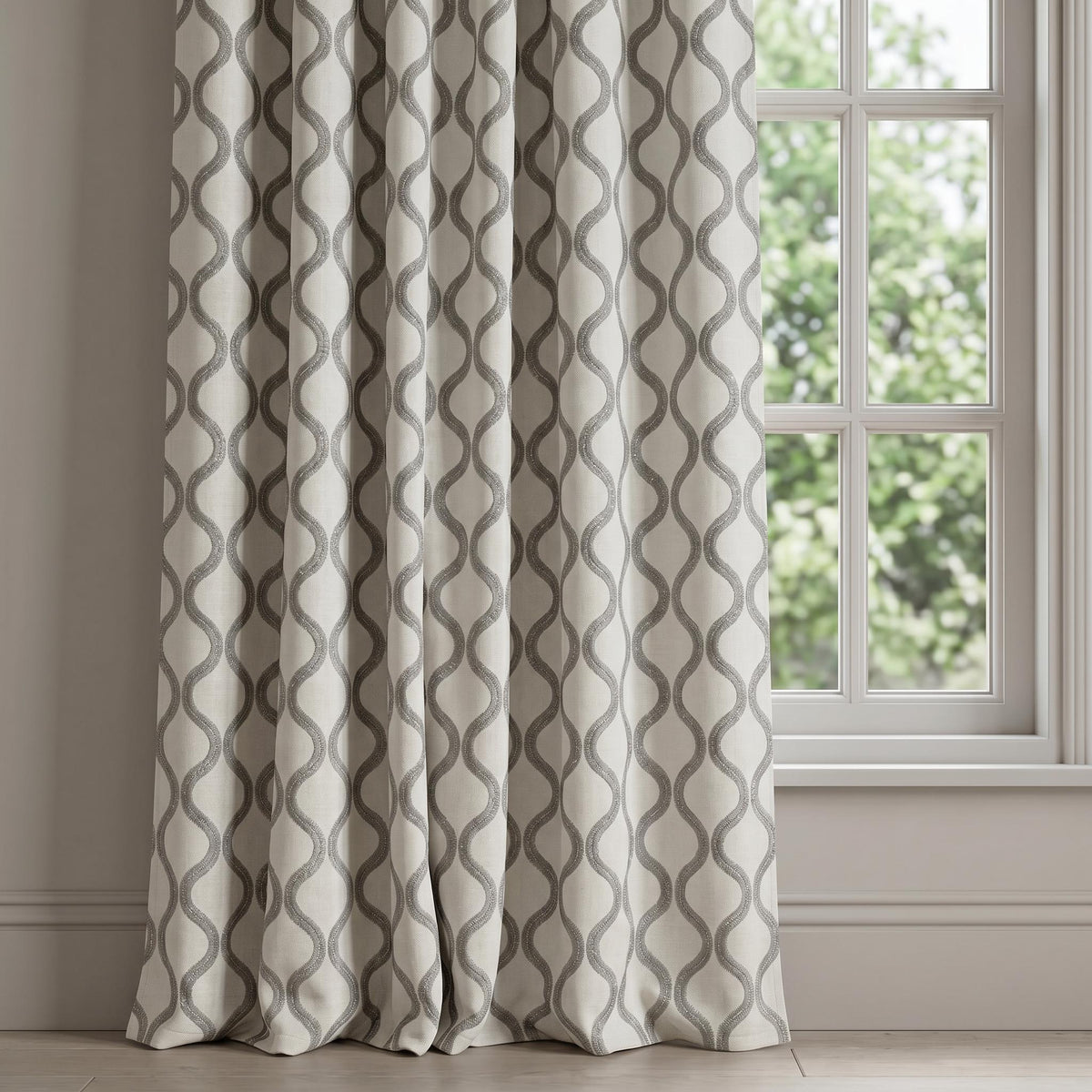 Grey Embroidered Curtains, Ivory Geometric Drapes, Modern Trellis Window Panels, Custom Curtain