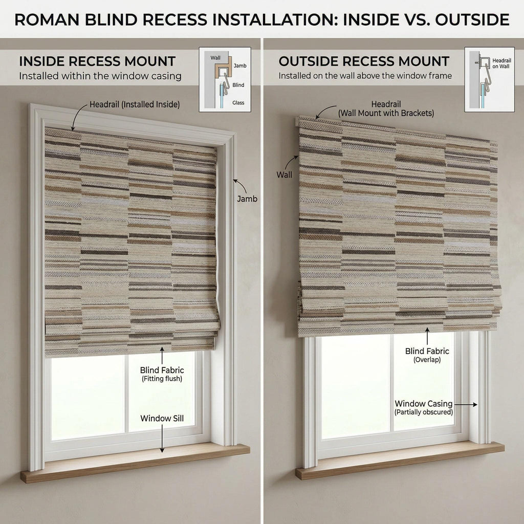 Neutral Textured Roman Shade | Heavy Upholstery Fabric Window Blind | Beige Brown Striped Roman Curtain | Custom Flat Fold Window Treatment