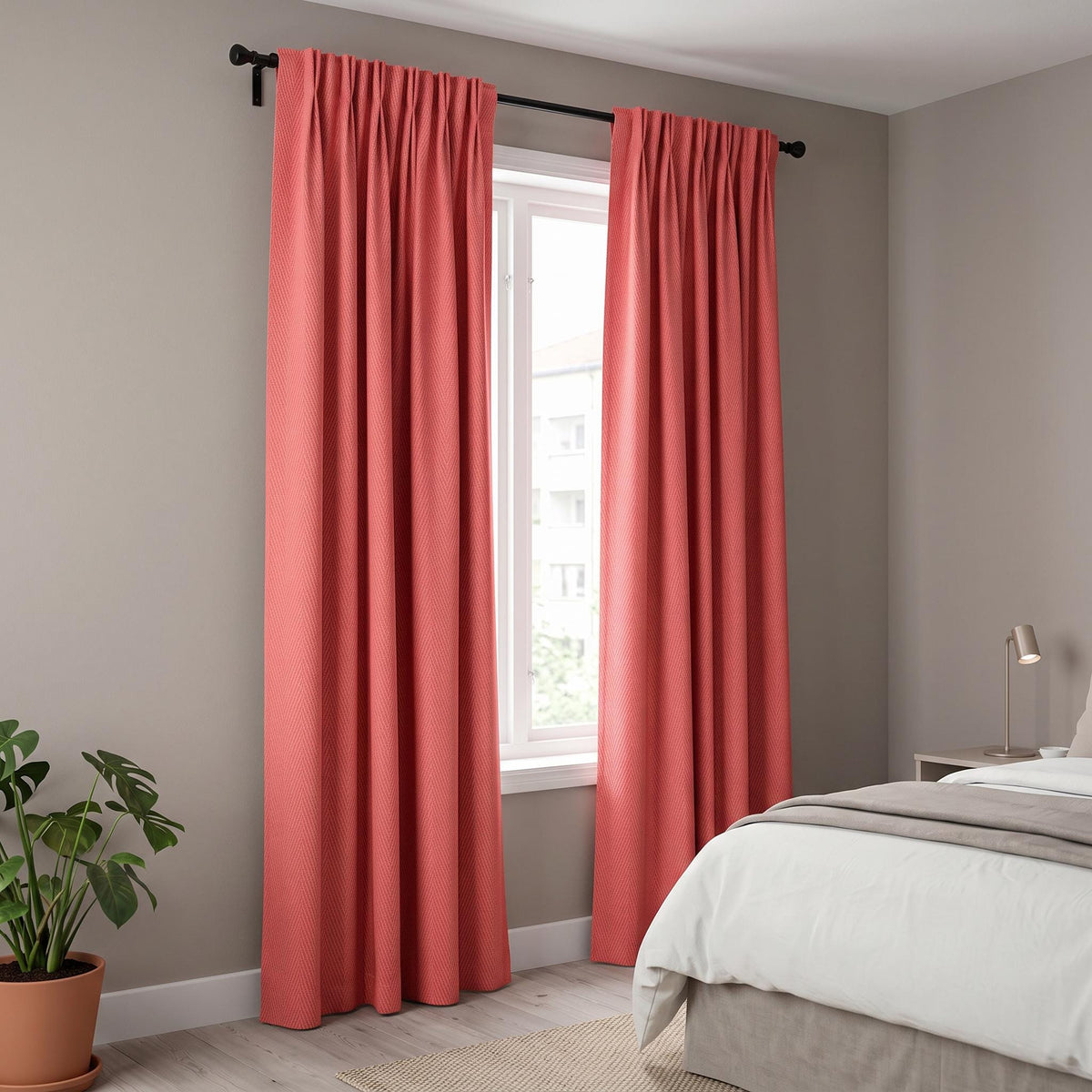 Coral Pink Herringbone Cotton Curtain Panel, Woven Chevron Window Drapery