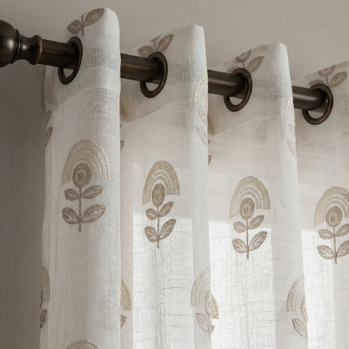 Embroidered Sheer Linen Curtain Panel | Neutral Floral Grommet Drapes | Modern Farmhouse Window Treatment