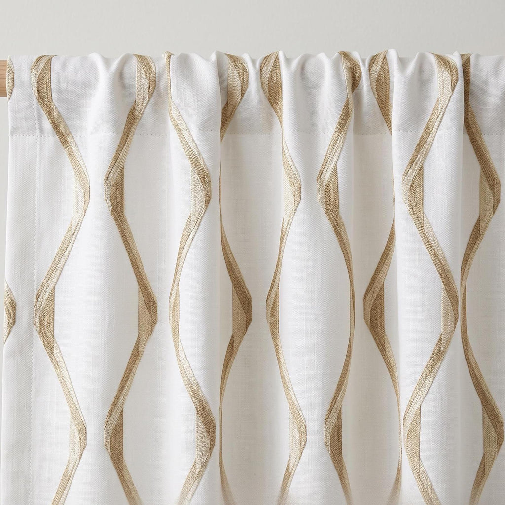 Gold Abstract Wave Embroidered Curtain Panel, White Linen Cotton Geometric Drapes, Shimmering Gold Raised Stitch Custom Window Panel