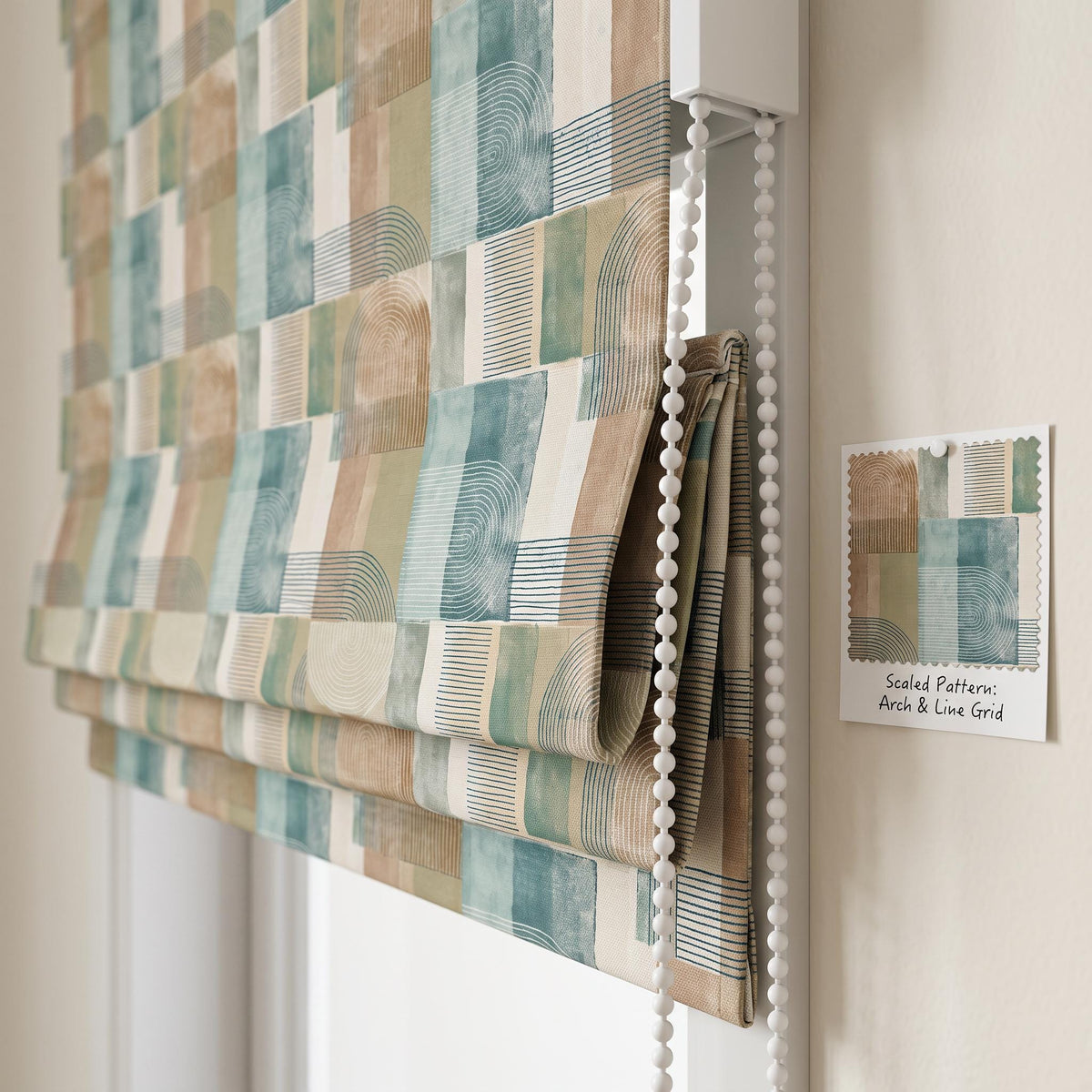 Blue Beige Geometric Roman Shade, Custom Upholstery Fabric Window Blind, Modern Abstract Roman Blind, Boho Window Treatment
