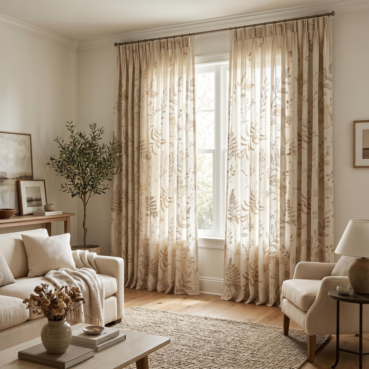 Beige Botanical Embroidered Curtains, OEKO-TEX Cotton Linen Drapes, Neutral Floral Custom Window Panels