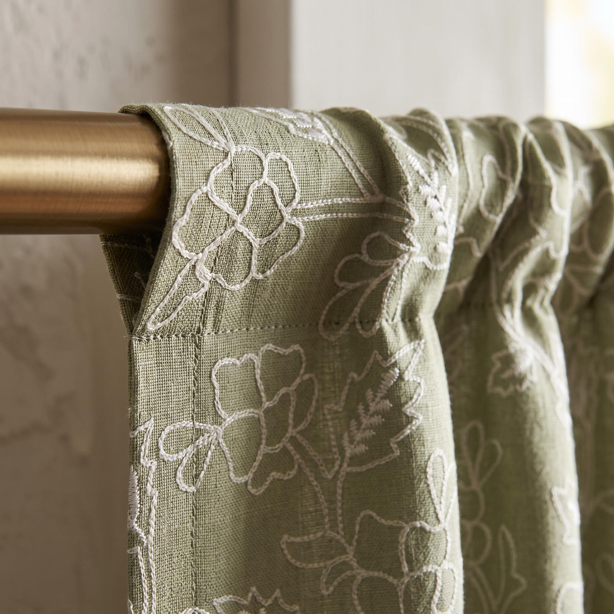 Sage Green Floral Curtains, Embroidered Linen Cotton Drapes, Olive Green Botanical Window Panels, Custom Cottagecore  Bedroom Decor