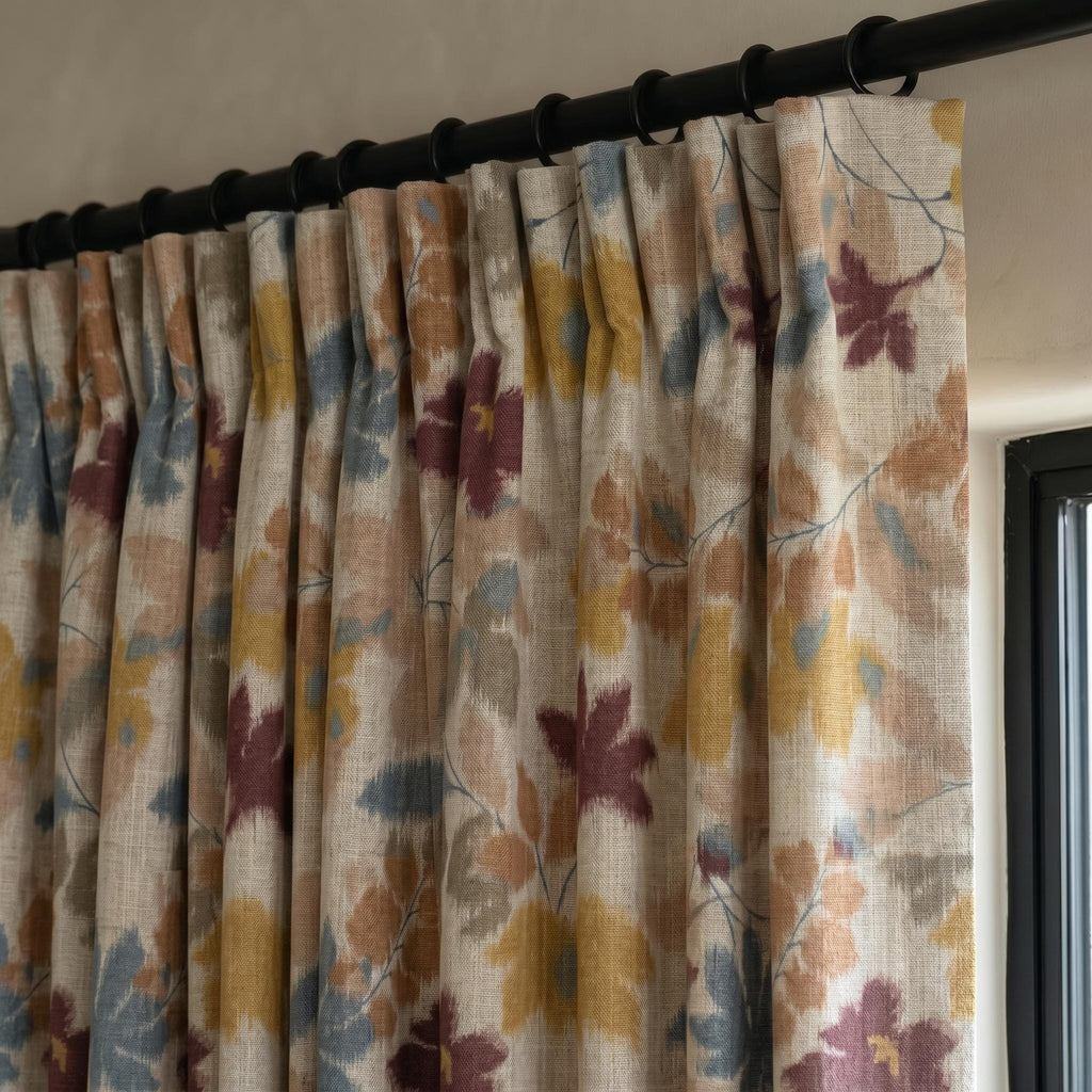 Watercolor Floral Linen Drapes, Autumn Botanical Panels, Custom Window Treatment