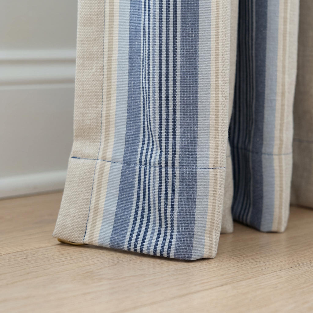 Blue Beige Striped Curtains, Linen Look Custom Drapes for Bedroom Living Room Farmhouse Coastal Decor