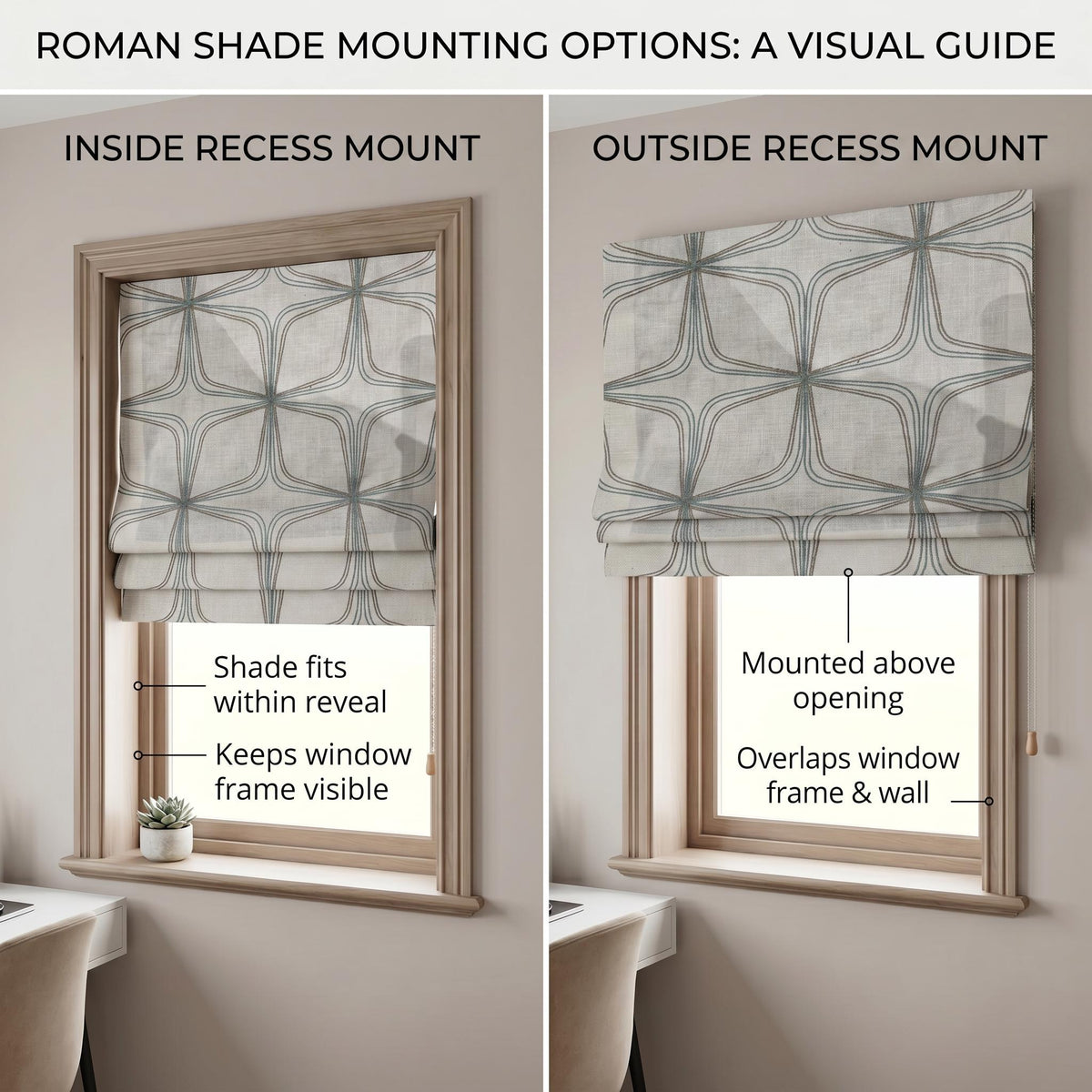 Geometric Roman Shade, Beige Linen Cotton  Roman Blind, Blue Taupe Pattern Window Treatment, Custom Kitchen Shade