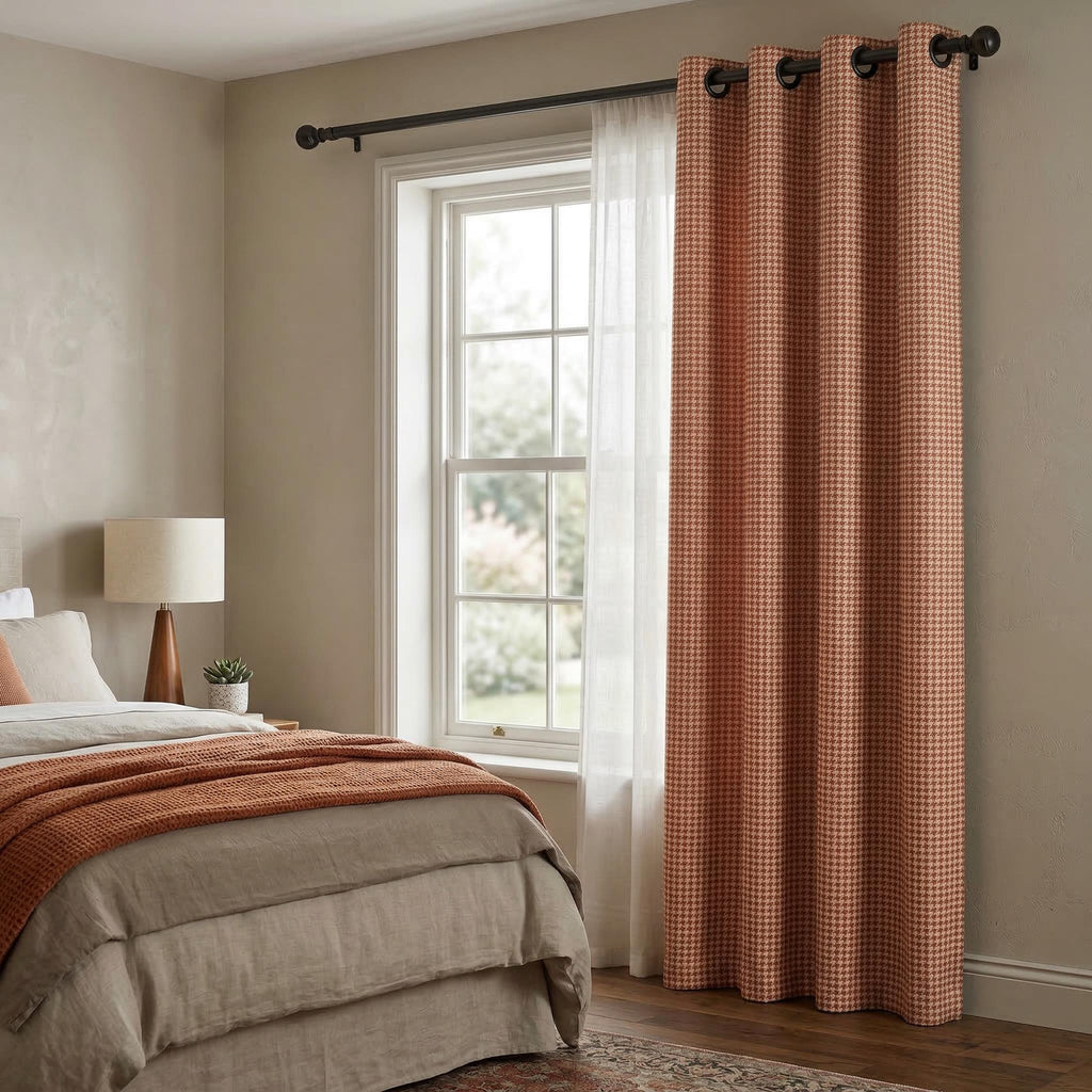 Terracotta Houndstooth Curtains, Rust Pattern Drapes, Custom Window Panels, Farmhouse Curtains, 4 Header Style Options Available