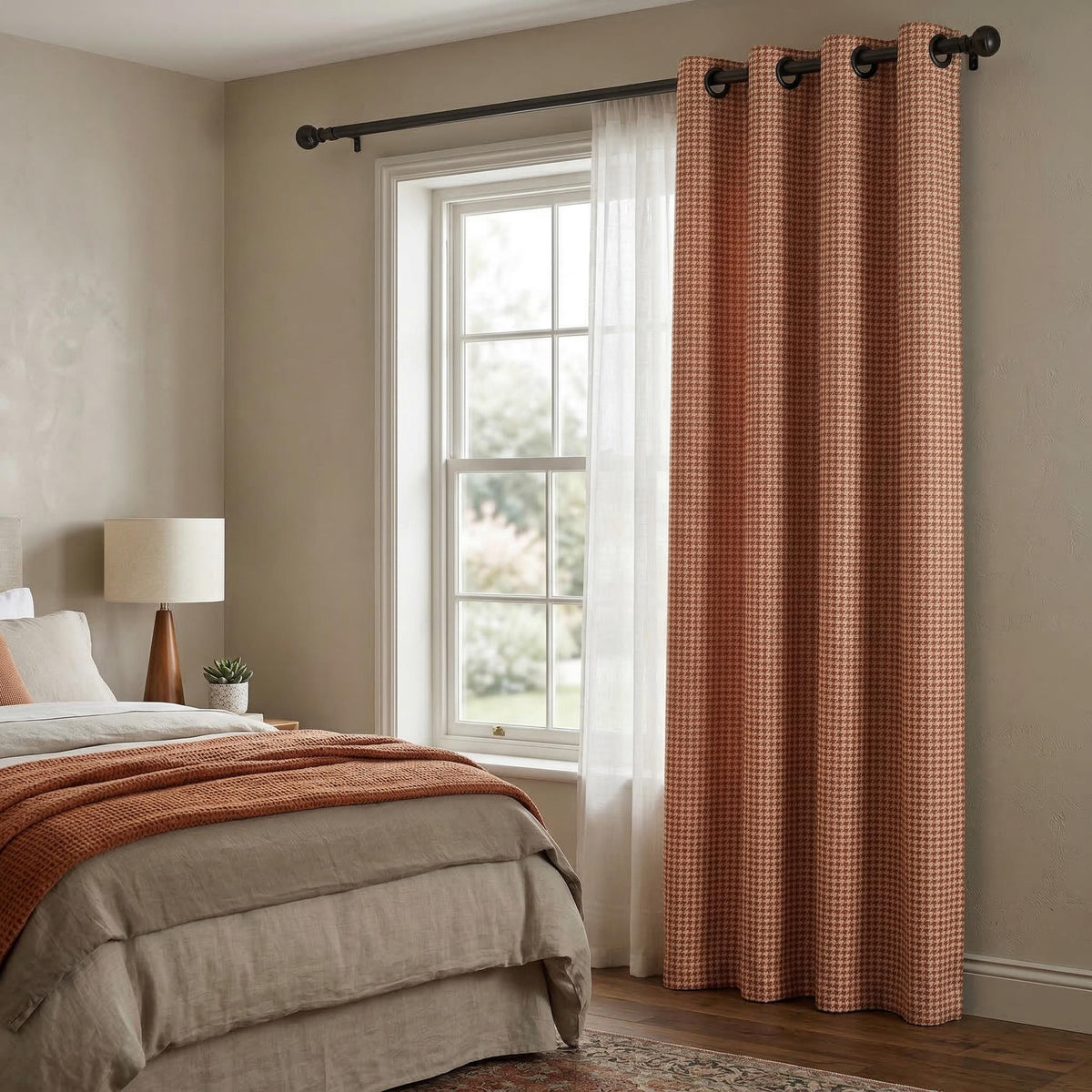 Terracotta Houndstooth Curtains, Rust Pattern Drapes, Custom Window Panels, Farmhouse Curtains, 4 Header Style Options Available