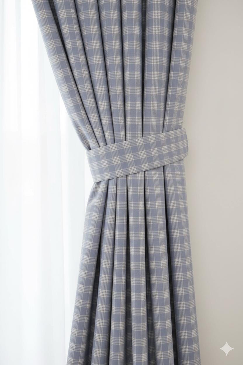 Linen-Look Plaid Curtains | Slate Blue Tartan Check | Triple, Dual, Euro Pleat Drapes | Blackout Option