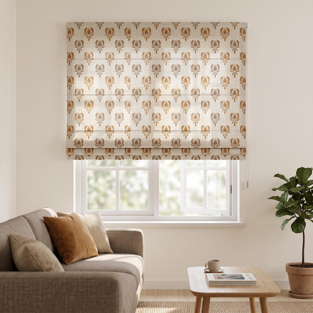 Neutral Floral Woven Linen Roman Shade, Mustard Beige Tulip Window Blind, Earthy Botanical Pattern Shade, Blackout or Light Filter