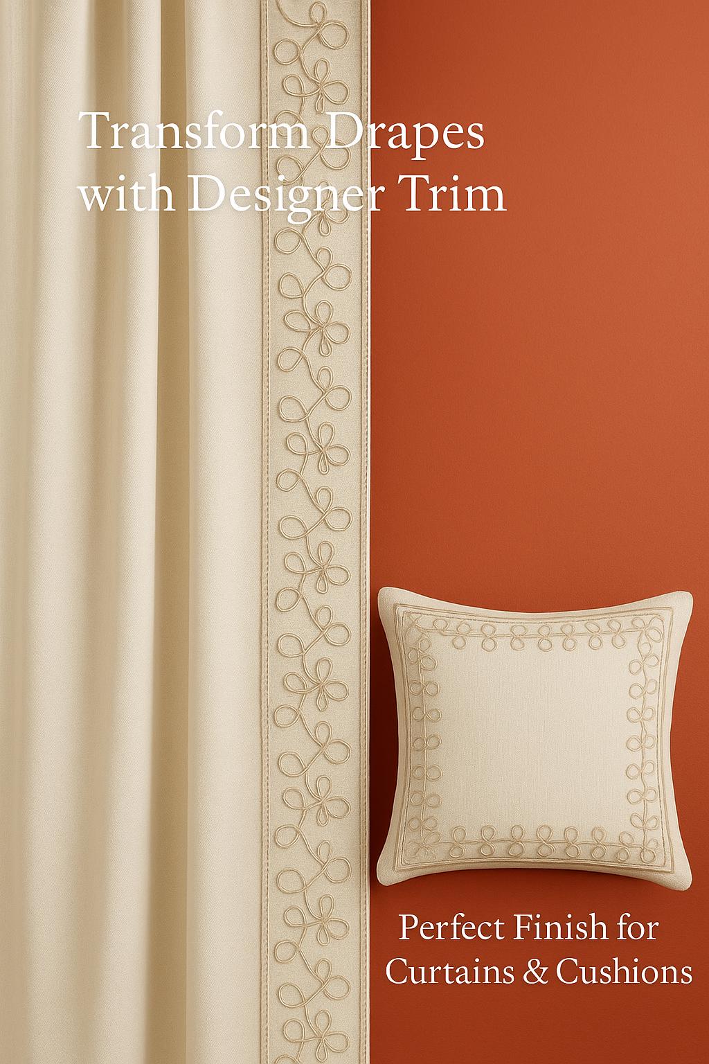 Embroidered Swirl Loop Trim: Ivory Beige & Taupe Brown Fabric Border