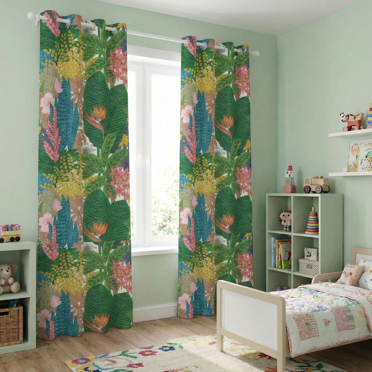Tropical Botanical Curtains ,Bold Floral Linen Look Drapes , Green Pink Jungle Print – Custom Window Panels ,Living Room Bedroom Decor