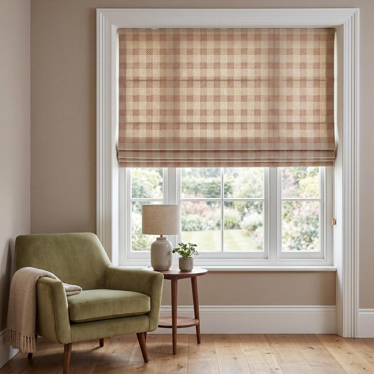 Beige Plaid Roman Shades, Terracotta Check Linen Cotton Blinds, Custom Window Treatment, OEKO TEX Fabric, Light Filtering Blackout