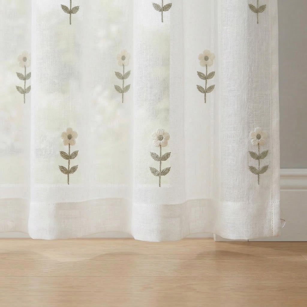 Embroidered Floral Sheer Curtains, Cottage Farmhouse Window Panels