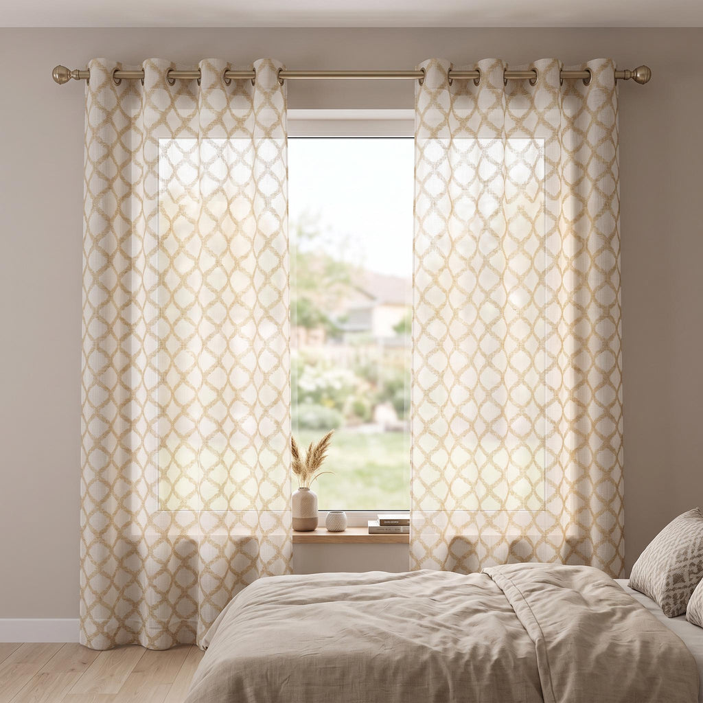Beige Sheer Curtains, Geometric Sheer Drapes, Ivory Window Panels, Neutral Sheer Curtains, Custom Grommet Curtains, Modern Farmhouse