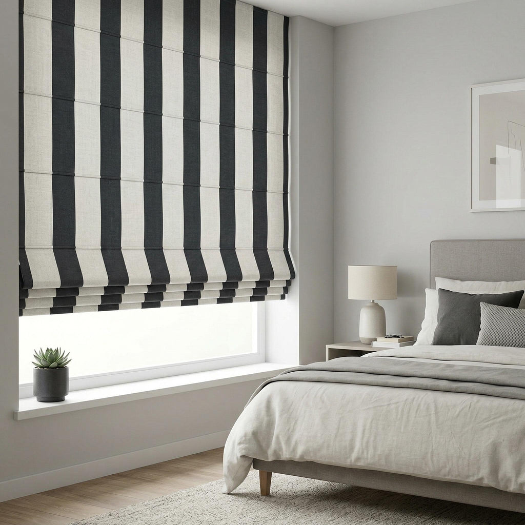 Luxury Striped Roman Shade | Heavy Upholstery Fabric Window Blind | Black White Custom Roman Curtain | Modern Tailored Window Treatment