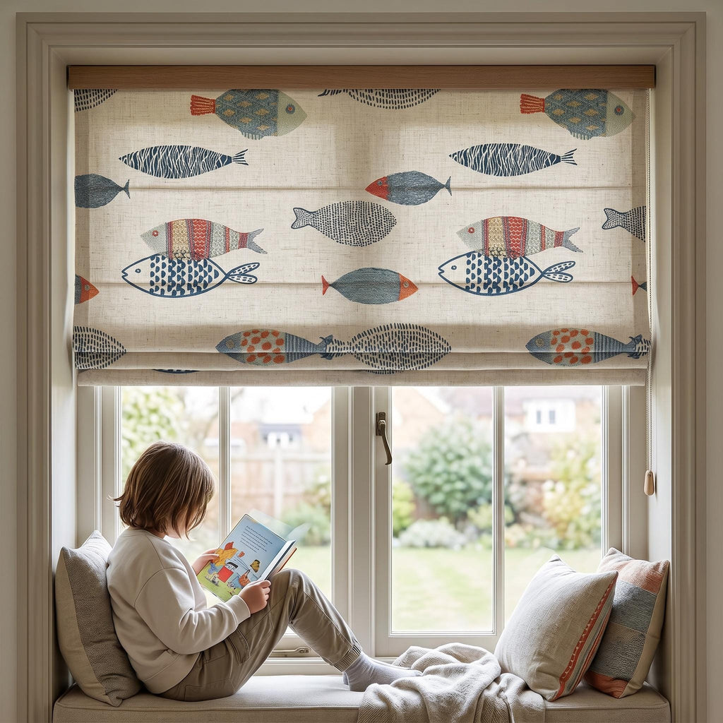 Embroidered Fish Roman Shade, Coastal Roman Blind, Linen  Nursery Window Shade, Kids Room Roman Curtain, Beach House Kitchen Shade