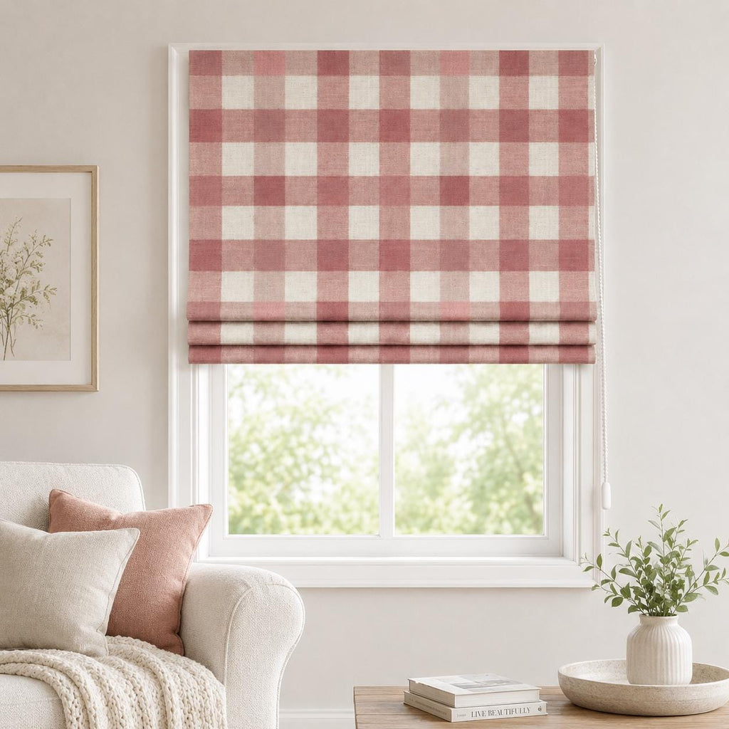 Pink Gingham Roman Shade, Custom Check Roman Blind, Blush Pink Window Shade, Farmhouse Cottage Kitchen Curtain, Linen Look Roman Curtain