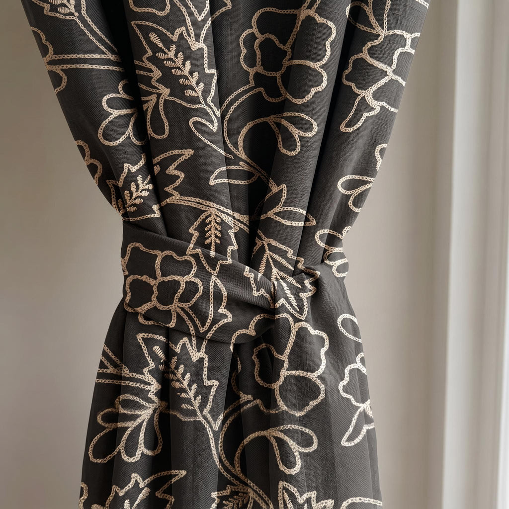 Embroidered Floral Dark Brown Linen Curtains, Beige Botanical Line Art Drapes, Custom Size Curtain Panels, Modern Farmhouse Living Room
