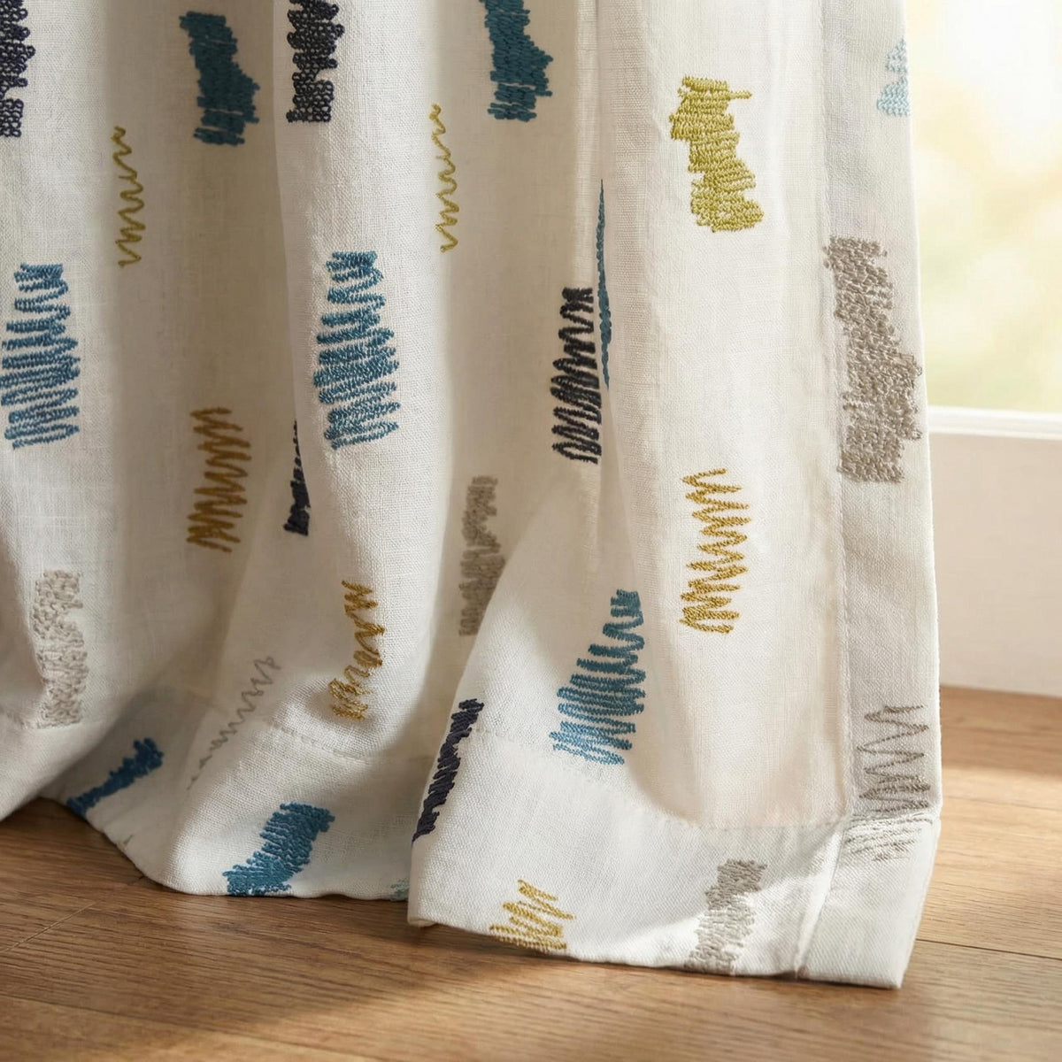Modern Abstract Linen Curtains, Neutral Embroidered Look Drapes, Custom Size Light Filtering Window Panels