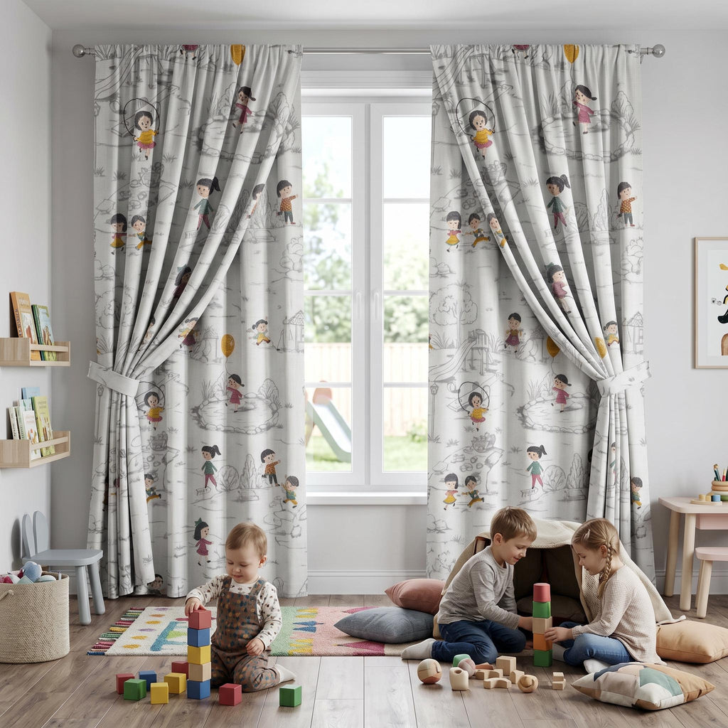 Embroidered Kids Curtains, Playground Scene Curtain Panel, Nursery Room Drapes, Playroom Window Curtains, Custom Kids Room Curtain