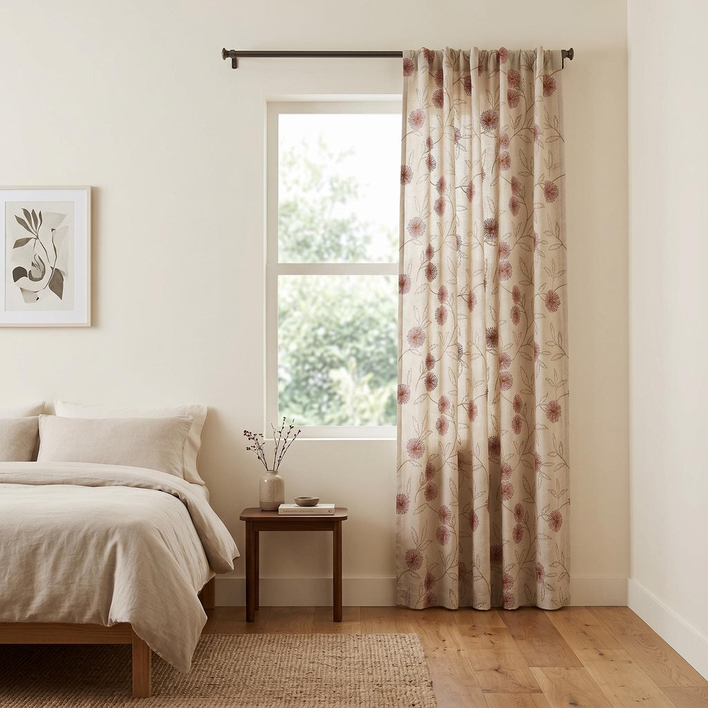 Rust Floral Embroidered Curtains, Linen Cotton Drapes, OEKO-TEX Beige Curtain Panels, Farmhouse Cottage Window Curtains