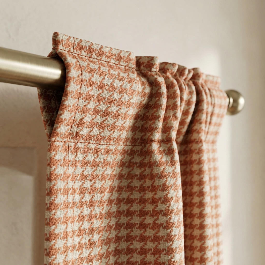 Terracotta Houndstooth Curtains, Rust Pattern Drapes, Custom Window Panels, Farmhouse Curtains, 4 Header Style Options Available