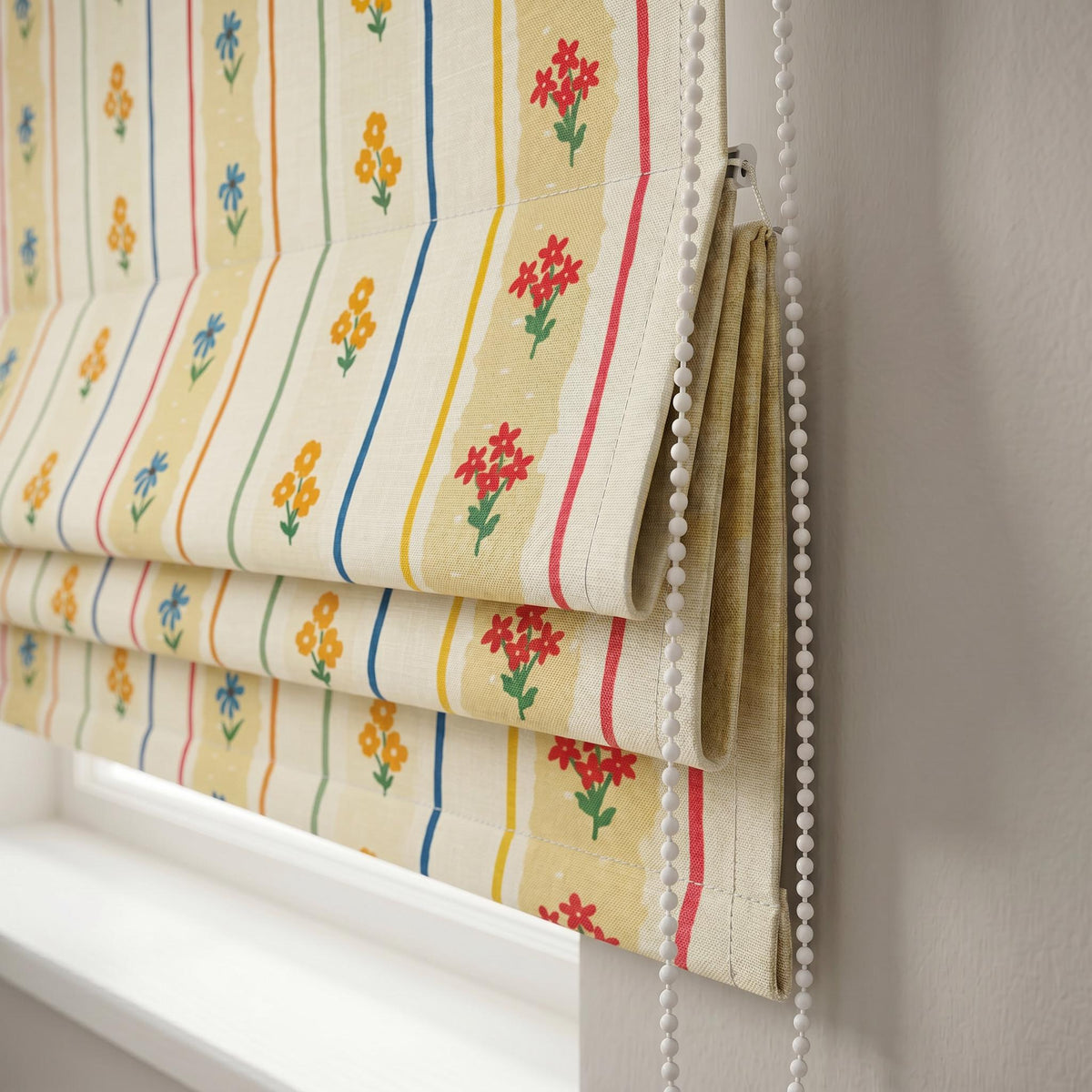 Colorful Floral Stripe Roman Shade, Kids Room Roman Blind, Nursery Window Treatment, Cottage Flower Curtain, Custom Roman Shade