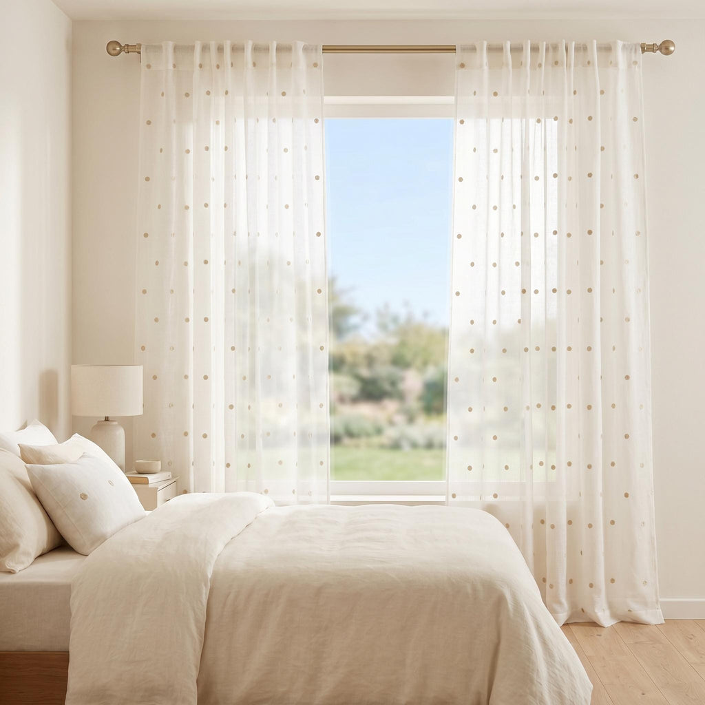 Beige Sheer Curtain Panel – Embroidered Dot Linen Look Drapes – Light Filtering Cotton Blend Curtains – Neutral Custom Size