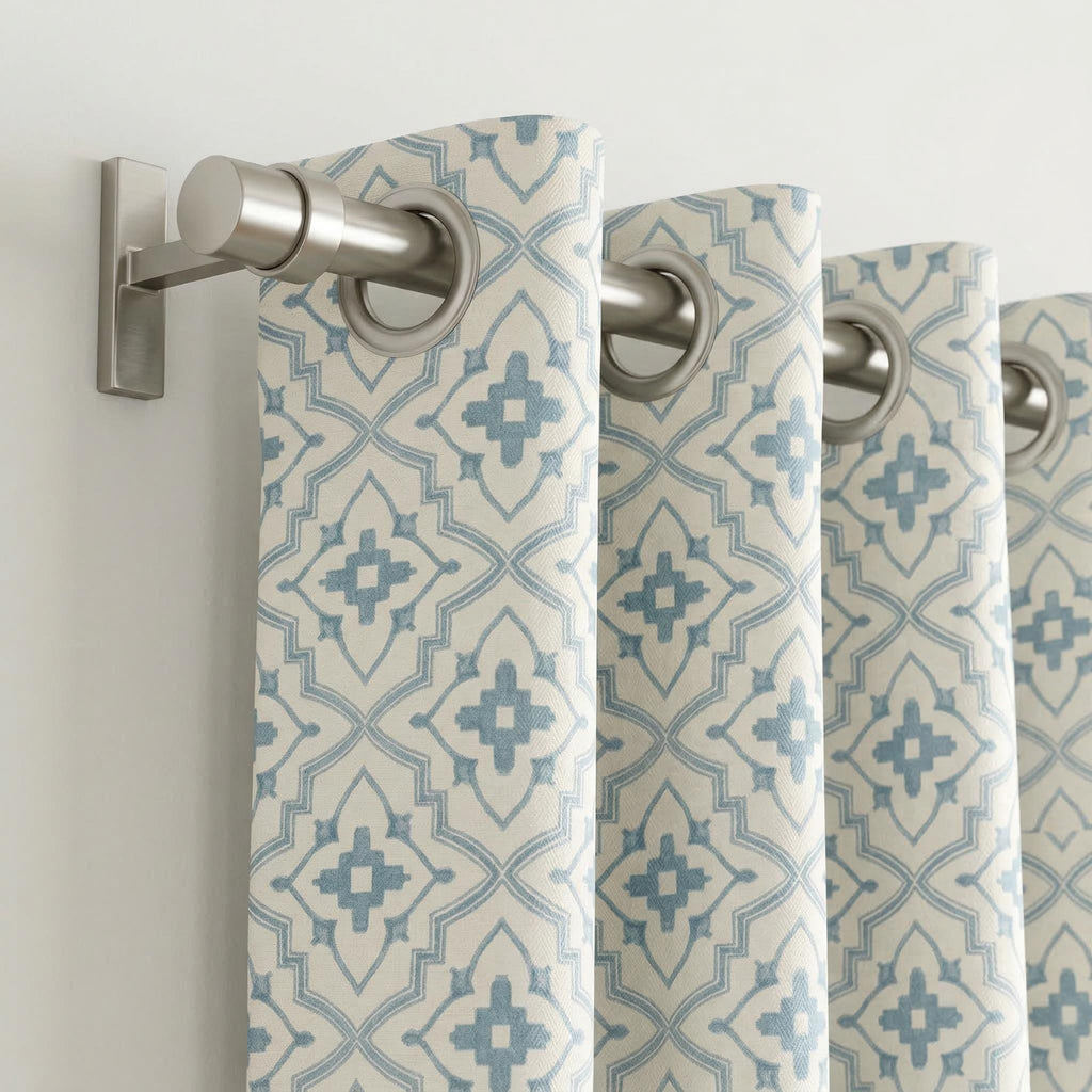 Blue Geometric Print Curtains, Modern Farmhouse Window Drapes, Ivory Light Blue Pattern