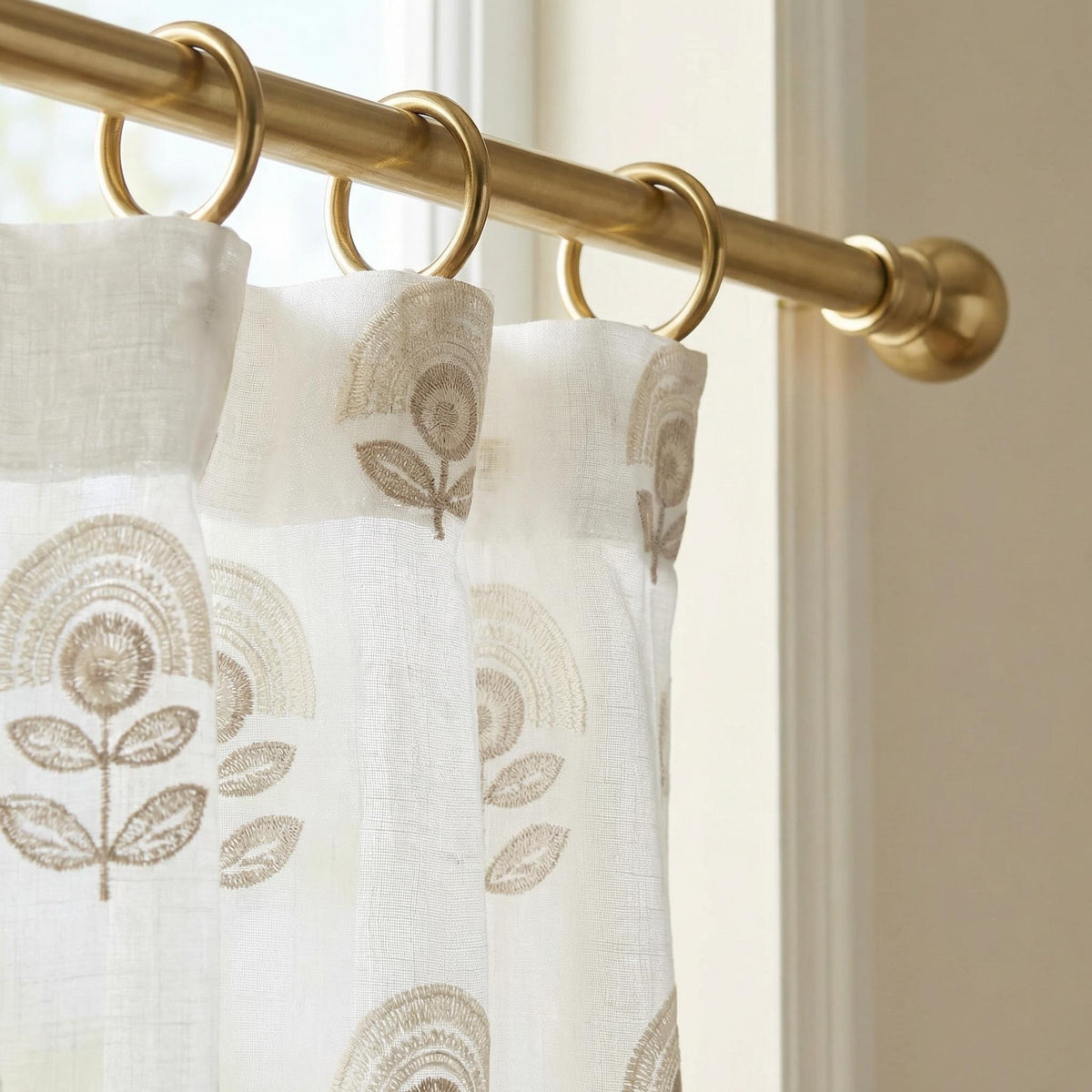 Embroidered Sheer Linen Curtain Panel | Neutral Floral Grommet Drapes | Modern Farmhouse Window Treatment