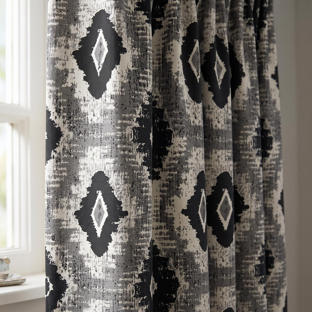 Black and White Abstract Curtain Panel, Distressed Geometric Window Treatment, Grey Modern Custom Drape for Living Room or Bedroom