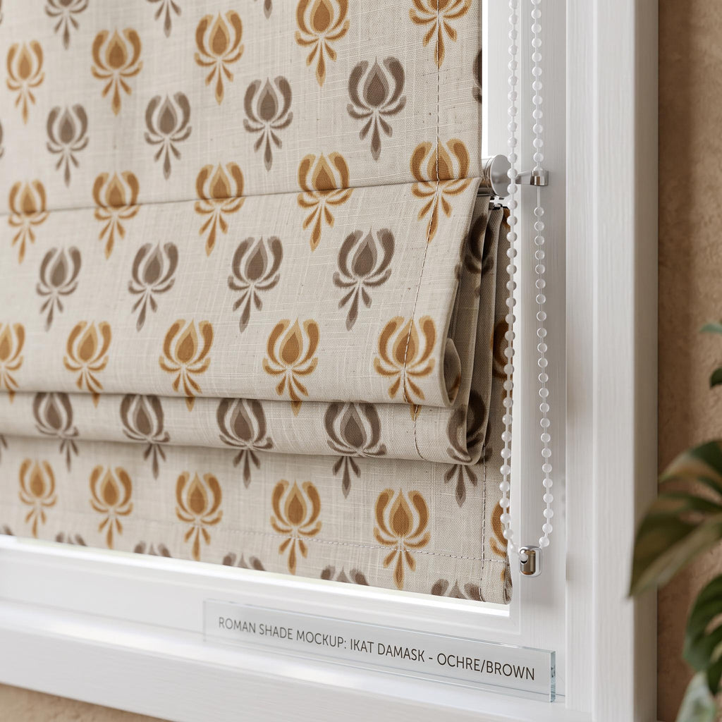 Neutral Floral Woven Linen Roman Shade, Mustard Beige Tulip Window Blind, Earthy Botanical Pattern Shade, Blackout or Light Filter