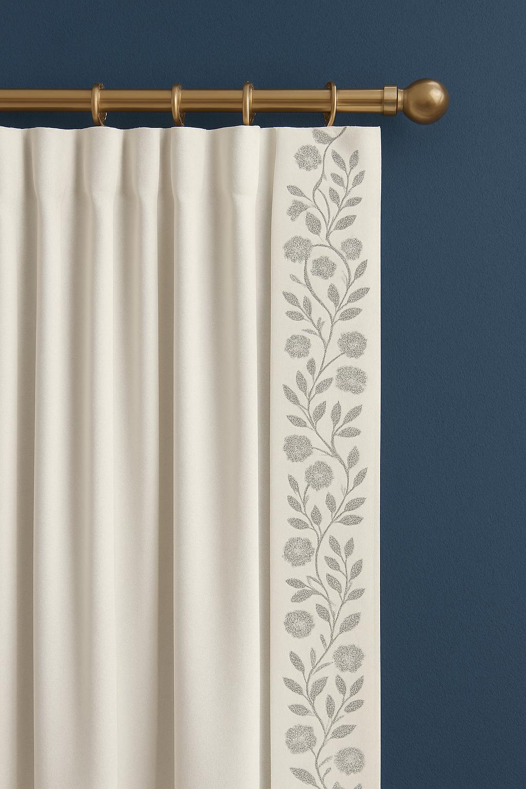 Embroidered Floral Trim: Grey Botanical Border on Ivory - 4" Wide
