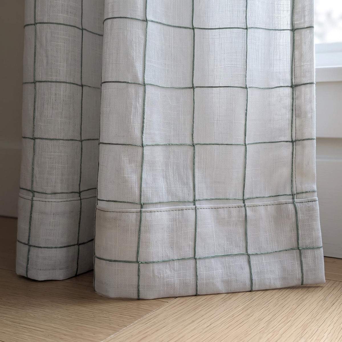 Embroidered Grid Curtain Panel, Sage Green Window Pane Drapes, Raised Stitch White Linen Blend Drapes, Custom Size Living Room Drapes