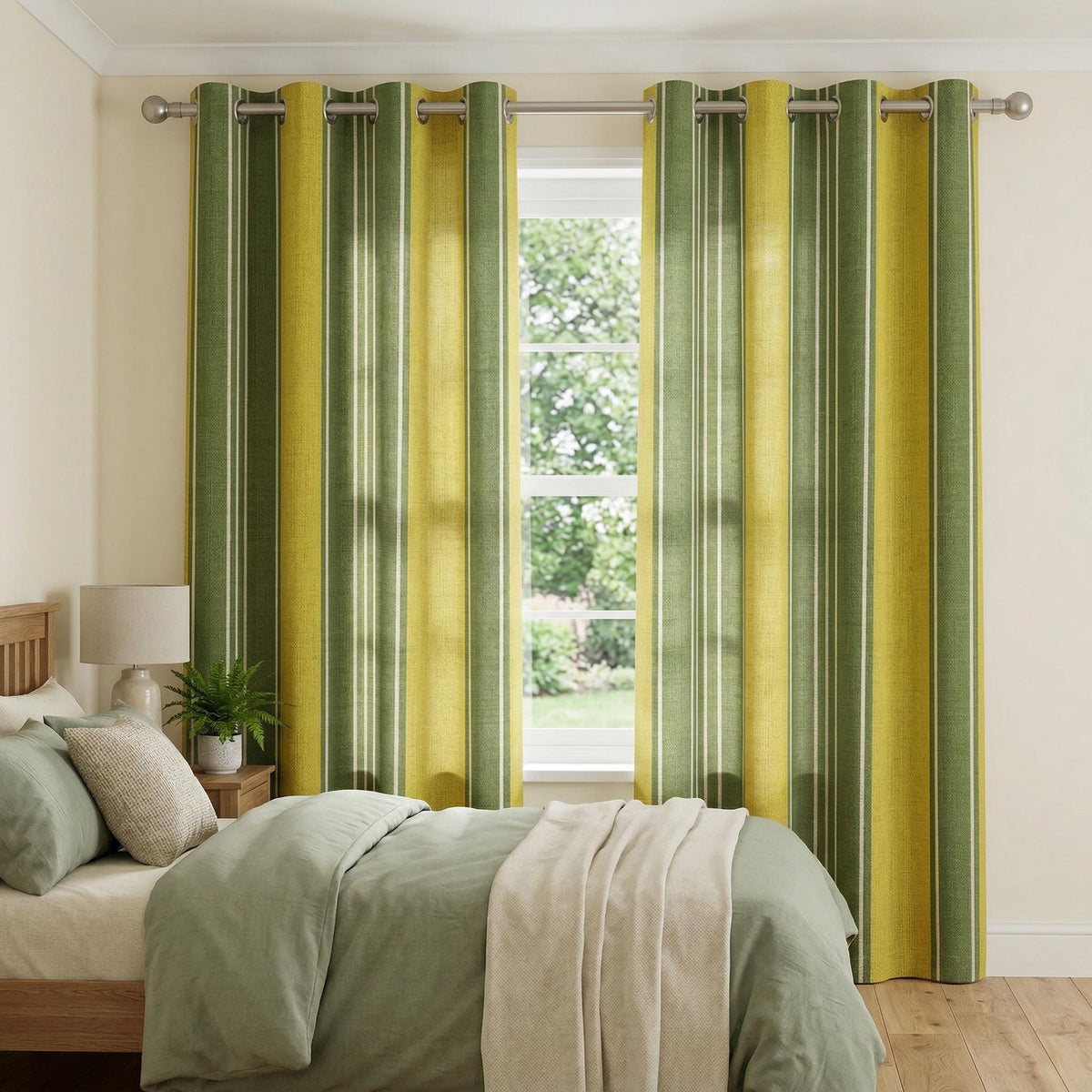 Green Stripe Curtain Panel | Yellow Green Linen cotton Curtains | Modern Farmhouse Drapes | Striped Window Curtain | Custom Size
