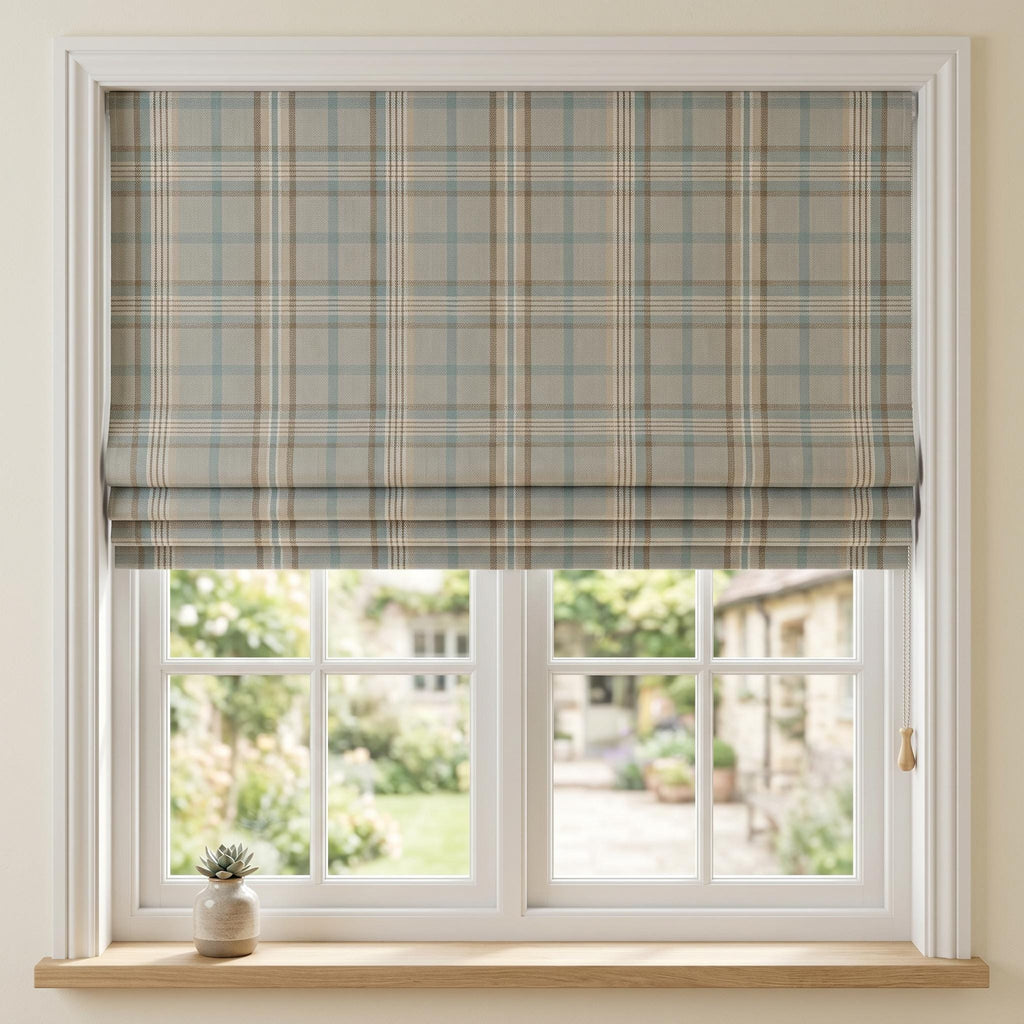 Plaid Roman Shade, Custom Window Shade, Neutral Check Roman Blind, Farmhouse Window Treatment, Corded Roman Shade, Made to Measure
