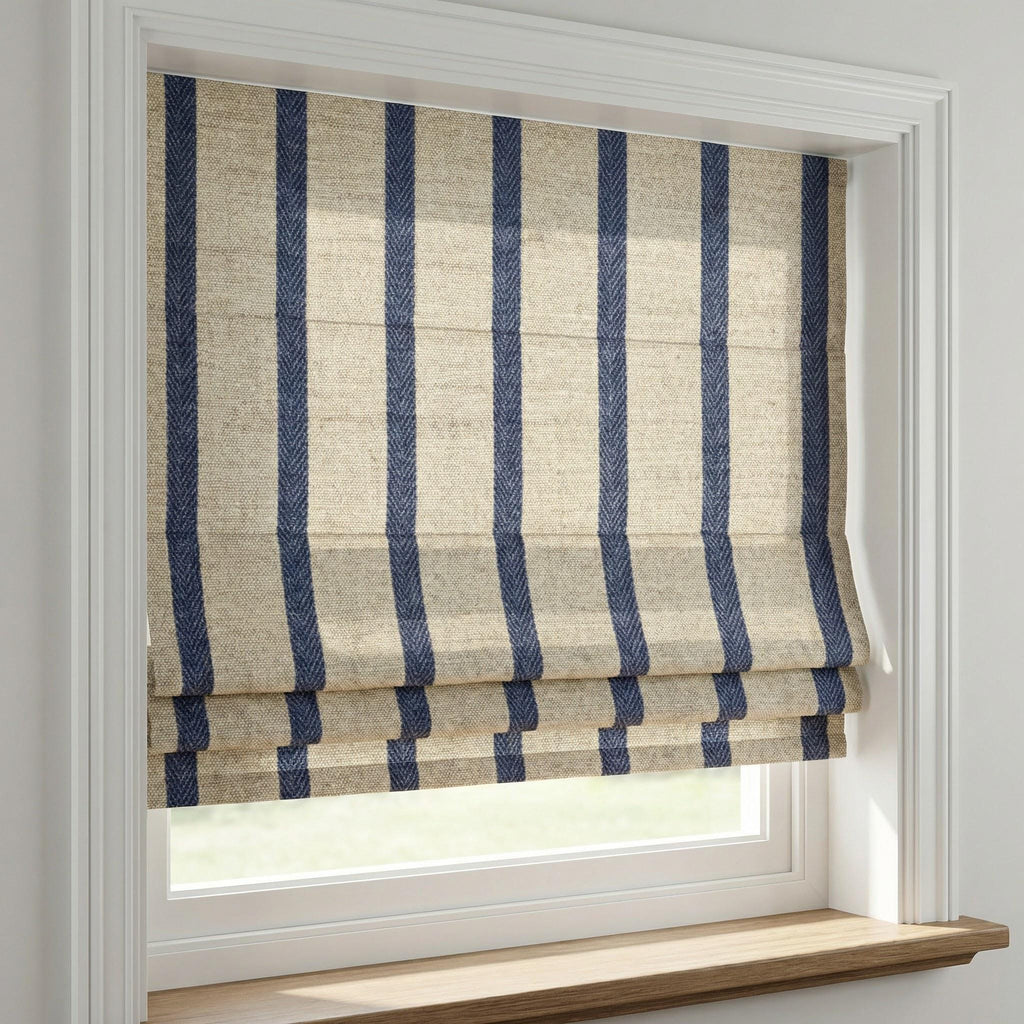 Blue Stripe Roman Blind, Custom Navy and Flax Window Shade, Tailored Roman Curtain